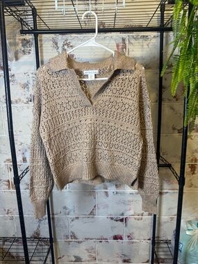 London Kaye Open-Knit Collared Sweater in Beige